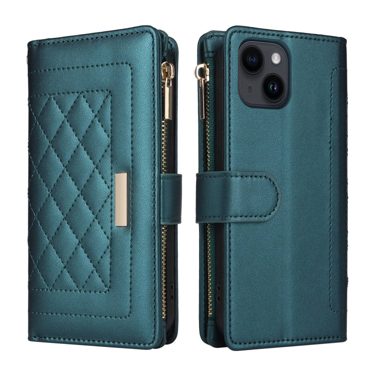 For iPhone 15 Plus / 14 Plus Crossbody Zipper Wallet Rhombus Leather Phone Case(Green) - iPhone 15 Plus Cases by buy2fix | Online Shopping UK | buy2fix