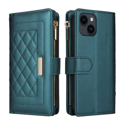 For iPhone 15 Plus / 14 Plus Crossbody Zipper Wallet Rhombus Leather Phone Case(Green) - iPhone 15 Plus Cases by buy2fix | Online Shopping UK | buy2fix
