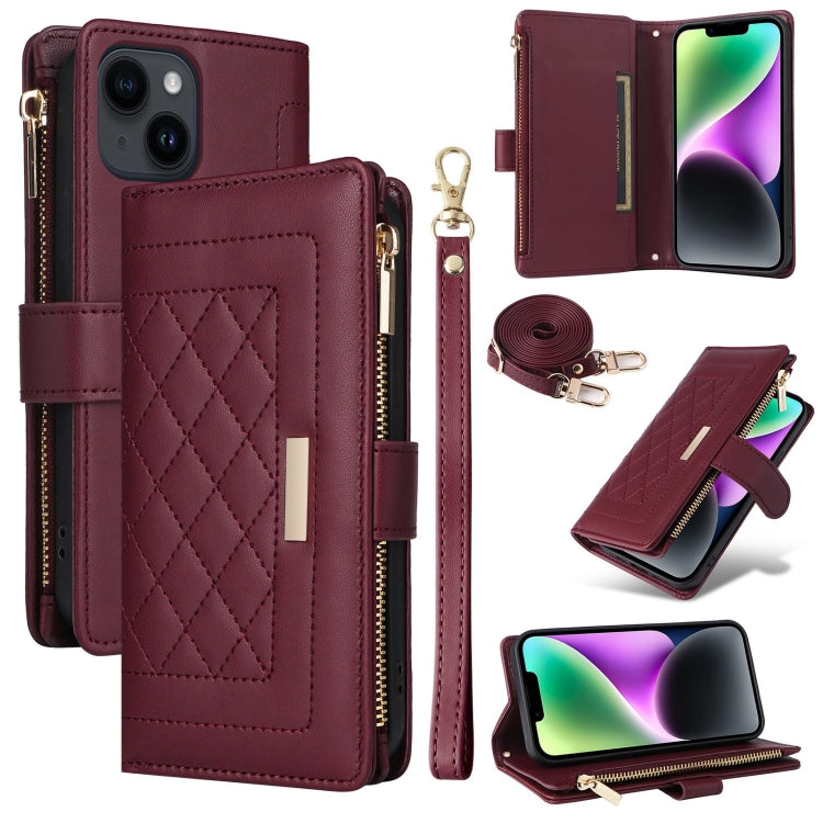 For iPhone 15 Plus / 14 Plus Crossbody Zipper Wallet Rhombus Leather Phone Case(Wine Red) - iPhone 15 Plus Cases by buy2fix | Online Shopping UK | buy2fix