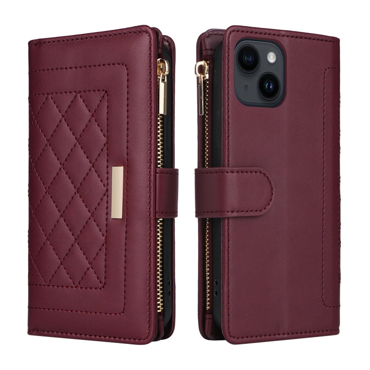 For iPhone 15 Plus / 14 Plus Crossbody Zipper Wallet Rhombus Leather Phone Case(Wine Red) - iPhone 15 Plus Cases by buy2fix | Online Shopping UK | buy2fix