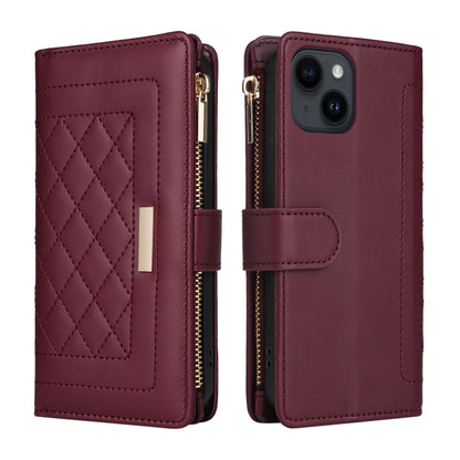 For iPhone 15 Plus / 14 Plus Crossbody Zipper Wallet Rhombus Leather Phone Case(Wine Red) - iPhone 15 Plus Cases by buy2fix | Online Shopping UK | buy2fix