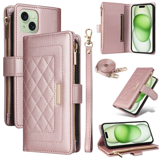 For iPhone 15 Crossbody Zipper Wallet Rhombus Leather Phone Case(Rose Gold) - iPhone 15 Cases by buy2fix | Online Shopping UK | buy2fix