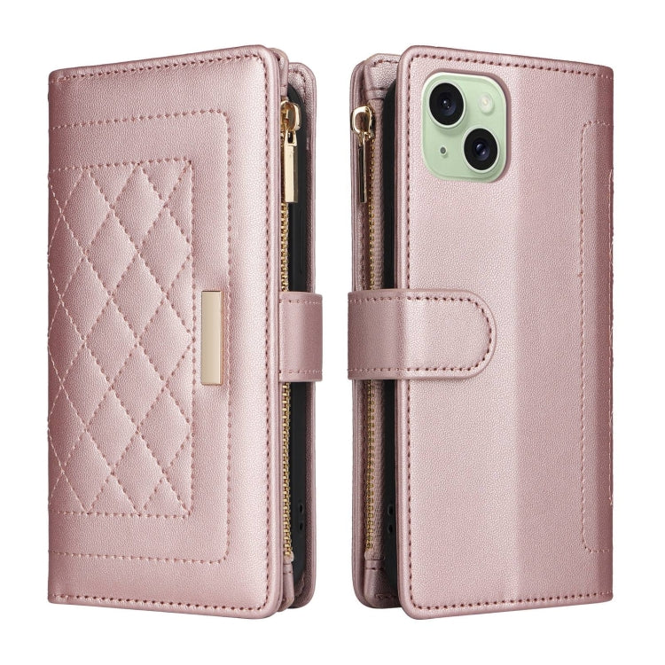 For iPhone 15 Crossbody Zipper Wallet Rhombus Leather Phone Case(Rose Gold) - iPhone 15 Cases by buy2fix | Online Shopping UK | buy2fix