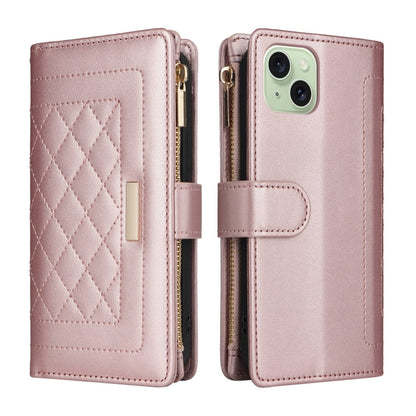 For iPhone 15 Crossbody Zipper Wallet Rhombus Leather Phone Case(Rose Gold) - iPhone 15 Cases by buy2fix | Online Shopping UK | buy2fix