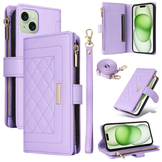 For iPhone 15 Crossbody Zipper Wallet Rhombus Leather Phone Case(Purple) - iPhone 15 Cases by buy2fix | Online Shopping UK | buy2fix