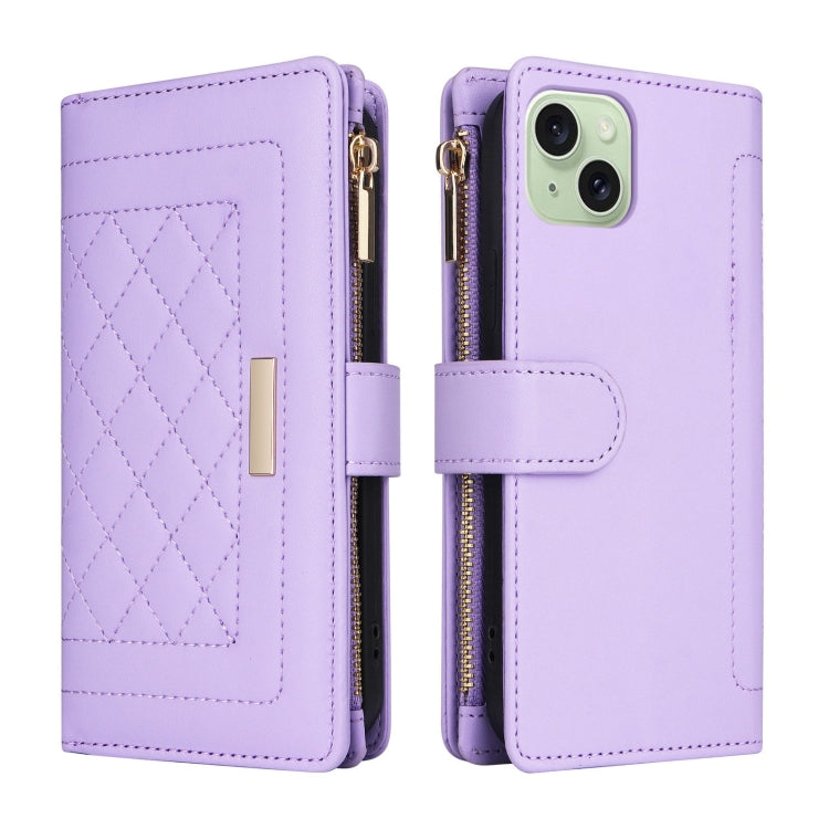 For iPhone 15 Crossbody Zipper Wallet Rhombus Leather Phone Case(Purple) - iPhone 15 Cases by buy2fix | Online Shopping UK | buy2fix