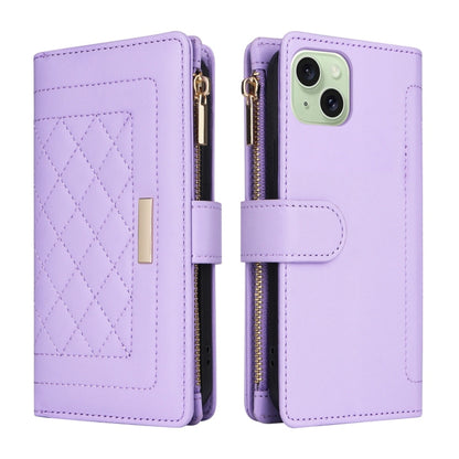 For iPhone 15 Crossbody Zipper Wallet Rhombus Leather Phone Case(Purple) - iPhone 15 Cases by buy2fix | Online Shopping UK | buy2fix