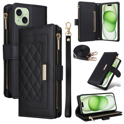 For iPhone 15 Crossbody Zipper Wallet Rhombus Leather Phone Case(Black) - iPhone 15 Cases by buy2fix | Online Shopping UK | buy2fix
