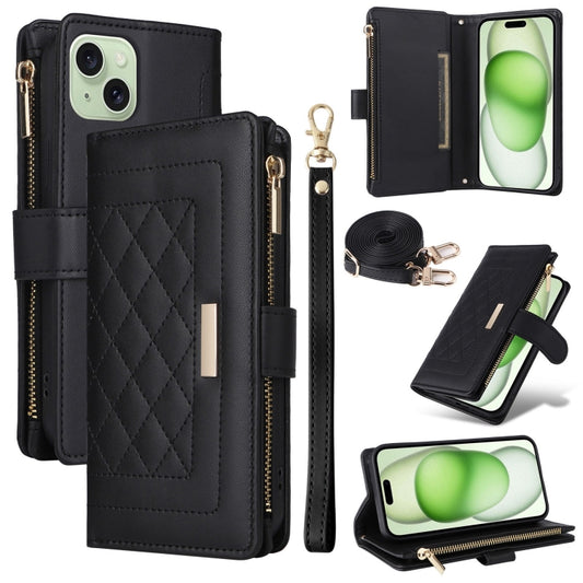 For iPhone 15 Crossbody Zipper Wallet Rhombus Leather Phone Case(Black) - iPhone 15 Cases by buy2fix | Online Shopping UK | buy2fix