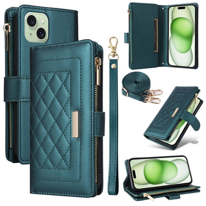 For iPhone 15 Crossbody Zipper Wallet Rhombus Leather Phone Case(Green) - iPhone 15 Cases by buy2fix | Online Shopping UK | buy2fix