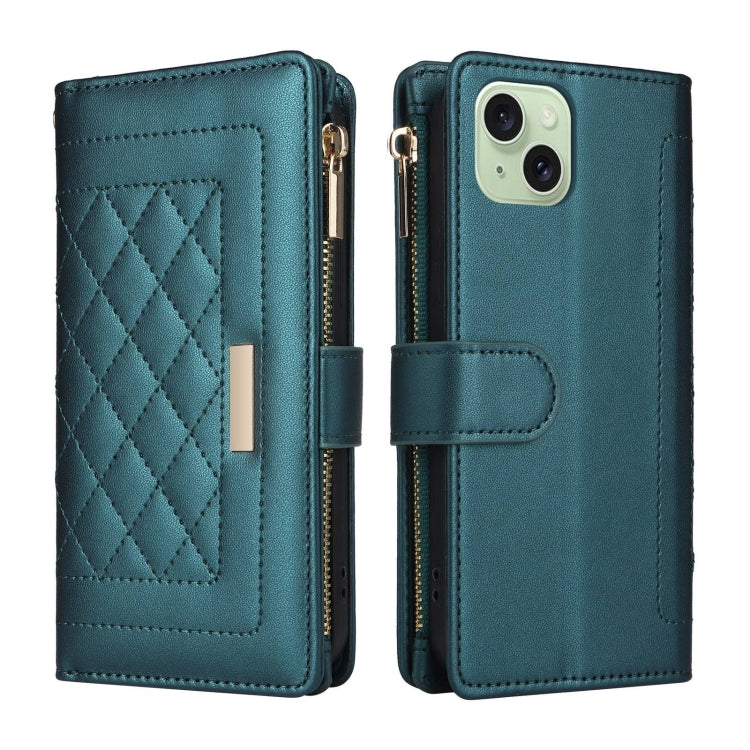 For iPhone 15 Crossbody Zipper Wallet Rhombus Leather Phone Case(Green) - iPhone 15 Cases by buy2fix | Online Shopping UK | buy2fix