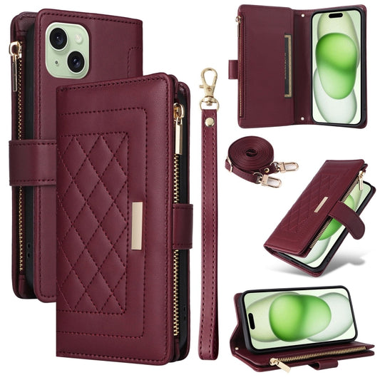 For iPhone 15 Crossbody Zipper Wallet Rhombus Leather Phone Case(Wine Red) - iPhone 15 Cases by buy2fix | Online Shopping UK | buy2fix
