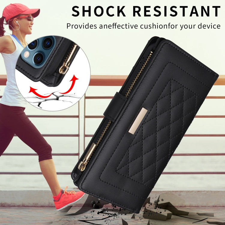 For iPhone 14 / 13 Crossbody Zipper Wallet Rhombus Leather Phone Case(Black) - iPhone 14 Cases by buy2fix | Online Shopping UK | buy2fix