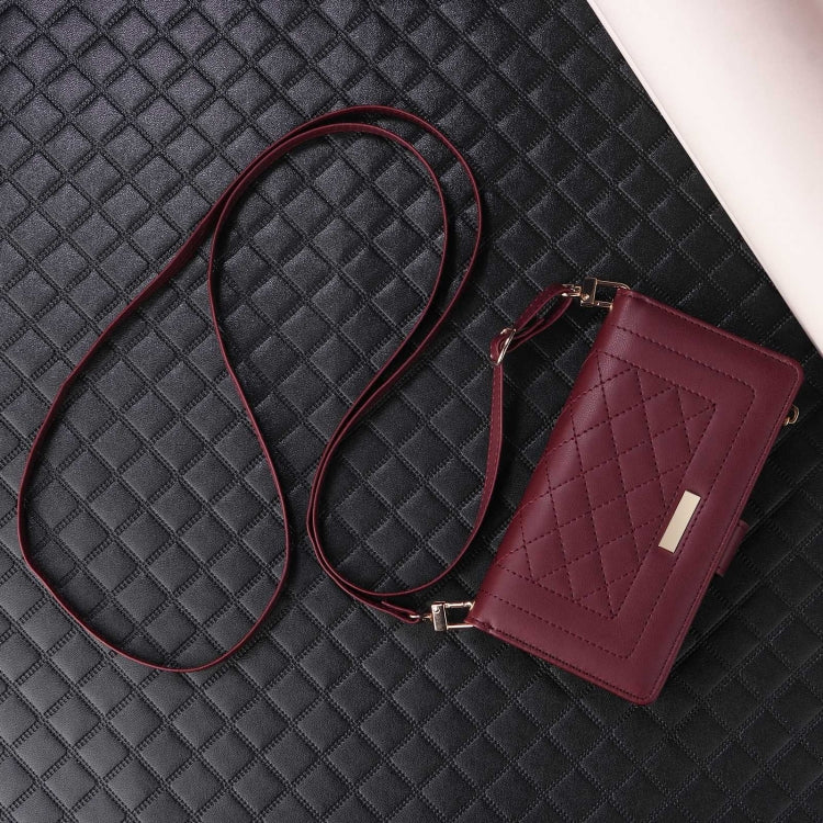 For iPhone 14 / 13 Crossbody Zipper Wallet Rhombus Leather Phone Case(Wine Red) - iPhone 14 Cases by buy2fix | Online Shopping UK | buy2fix