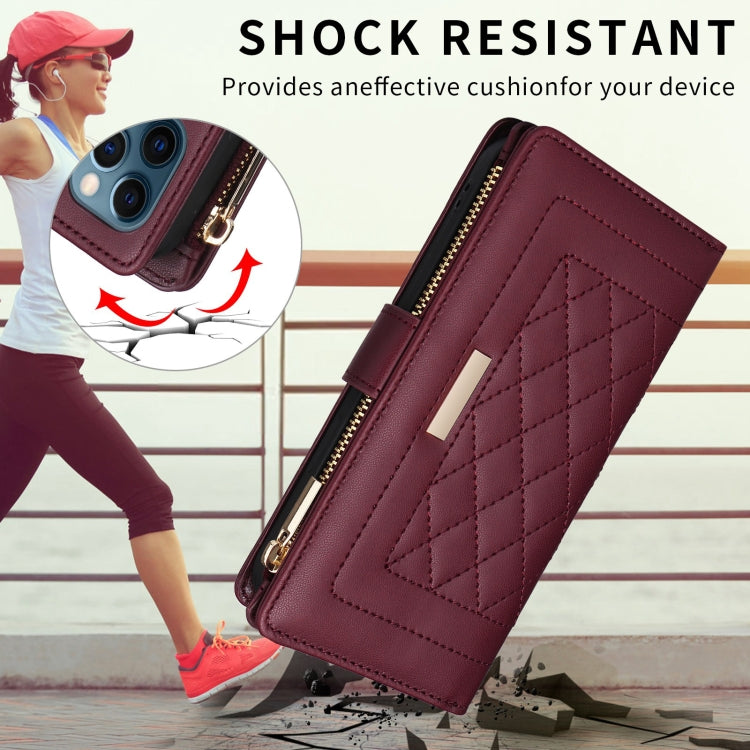 For iPhone 14 / 13 Crossbody Zipper Wallet Rhombus Leather Phone Case(Wine Red) - iPhone 14 Cases by buy2fix | Online Shopping UK | buy2fix