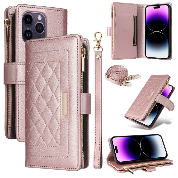 For iPhone 14 Pro Crossbody Zipper Wallet Rhombus Leather Phone Case(Rose Gold) - iPhone 14 Pro Cases by buy2fix | Online Shopping UK | buy2fix