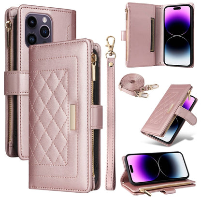 For iPhone 14 Pro Crossbody Zipper Wallet Rhombus Leather Phone Case(Rose Gold) - iPhone 14 Pro Cases by buy2fix | Online Shopping UK | buy2fix