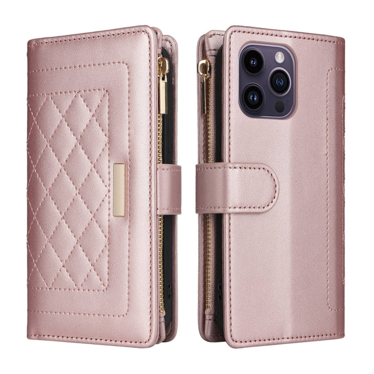 For iPhone 14 Pro Crossbody Zipper Wallet Rhombus Leather Phone Case(Rose Gold) - iPhone 14 Pro Cases by buy2fix | Online Shopping UK | buy2fix
