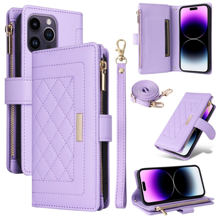For iPhone 14 Pro Crossbody Zipper Wallet Rhombus Leather Phone Case(Purple) - iPhone 14 Pro Cases by buy2fix | Online Shopping UK | buy2fix