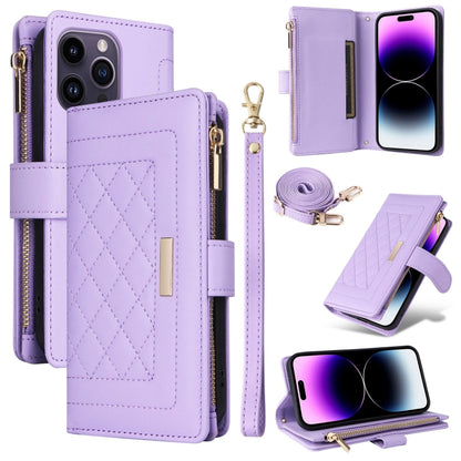 For iPhone 14 Pro Crossbody Zipper Wallet Rhombus Leather Phone Case(Purple) - iPhone 14 Pro Cases by buy2fix | Online Shopping UK | buy2fix