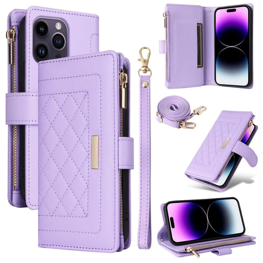 For iPhone 14 Pro Crossbody Zipper Wallet Rhombus Leather Phone Case(Purple) - iPhone 14 Pro Cases by buy2fix | Online Shopping UK | buy2fix