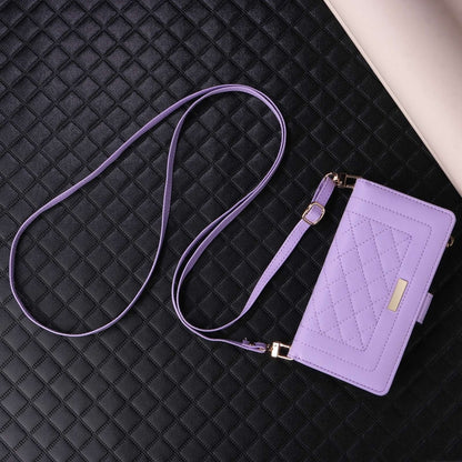 For iPhone 14 Pro Crossbody Zipper Wallet Rhombus Leather Phone Case(Purple) - iPhone 14 Pro Cases by buy2fix | Online Shopping UK | buy2fix