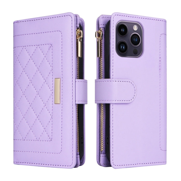 For iPhone 14 Pro Crossbody Zipper Wallet Rhombus Leather Phone Case(Purple) - iPhone 14 Pro Cases by buy2fix | Online Shopping UK | buy2fix
