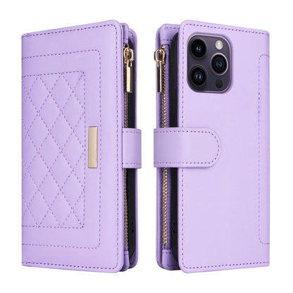 For iPhone 14 Pro Crossbody Zipper Wallet Rhombus Leather Phone Case(Purple) - iPhone 14 Pro Cases by buy2fix | Online Shopping UK | buy2fix