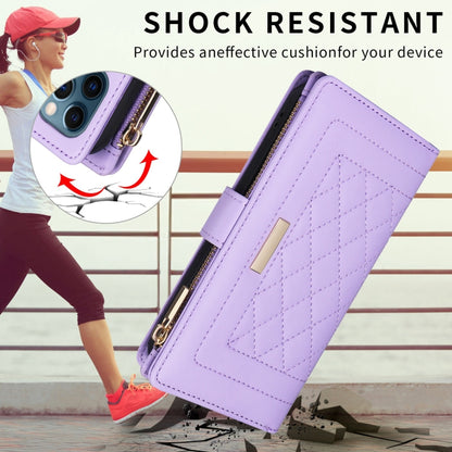 For iPhone 14 Pro Crossbody Zipper Wallet Rhombus Leather Phone Case(Purple) - iPhone 14 Pro Cases by buy2fix | Online Shopping UK | buy2fix