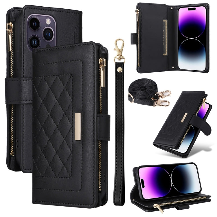 For iPhone 14 Pro Crossbody Zipper Wallet Rhombus Leather Phone Case(Black) - iPhone 14 Pro Cases by buy2fix | Online Shopping UK | buy2fix
