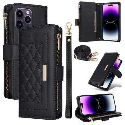 For iPhone 14 Pro Crossbody Zipper Wallet Rhombus Leather Phone Case(Black) - iPhone 14 Pro Cases by buy2fix | Online Shopping UK | buy2fix