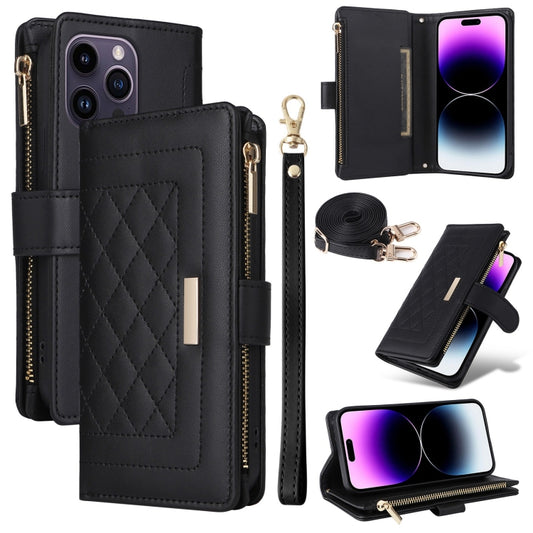 For iPhone 14 Pro Crossbody Zipper Wallet Rhombus Leather Phone Case(Black) - iPhone 14 Pro Cases by buy2fix | Online Shopping UK | buy2fix