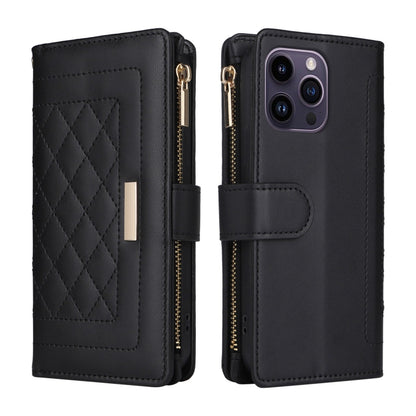 For iPhone 14 Pro Crossbody Zipper Wallet Rhombus Leather Phone Case(Black) - iPhone 14 Pro Cases by buy2fix | Online Shopping UK | buy2fix