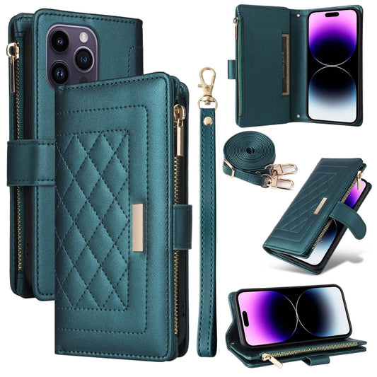 For iPhone 14 Pro Crossbody Zipper Wallet Rhombus Leather Phone Case(Green) - iPhone 14 Pro Cases by buy2fix | Online Shopping UK | buy2fix
