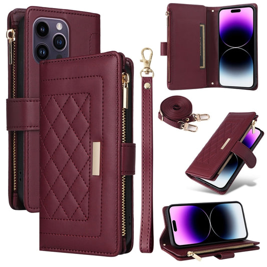 For iPhone 14 Pro Crossbody Zipper Wallet Rhombus Leather Phone Case(Wine Red) - iPhone 14 Pro Cases by buy2fix | Online Shopping UK | buy2fix