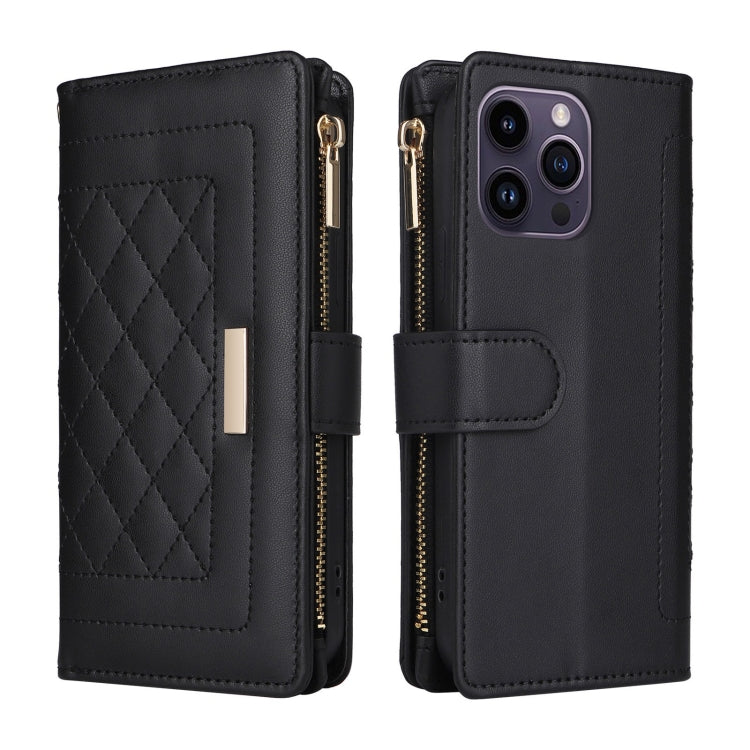 For iPhone 14 Pro Max Crossbody Zipper Wallet Rhombus Leather Phone Case(Black) - iPhone 14 Pro Max Cases by buy2fix | Online Shopping UK | buy2fix