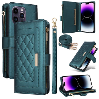 For iPhone 14 Pro Max Crossbody Zipper Wallet Rhombus Leather Phone Case(Green) - iPhone 14 Pro Max Cases by buy2fix | Online Shopping UK | buy2fix