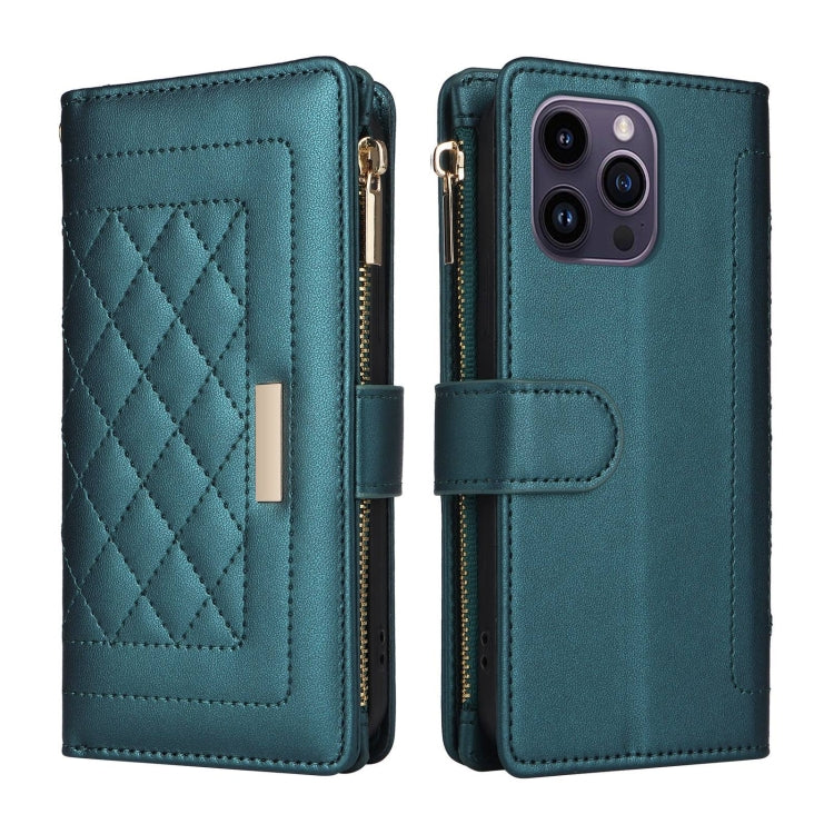 For iPhone 14 Pro Max Crossbody Zipper Wallet Rhombus Leather Phone Case(Green) - iPhone 14 Pro Max Cases by buy2fix | Online Shopping UK | buy2fix