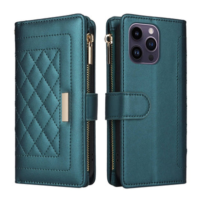 For iPhone 14 Pro Max Crossbody Zipper Wallet Rhombus Leather Phone Case(Green) - iPhone 14 Pro Max Cases by buy2fix | Online Shopping UK | buy2fix