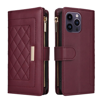 For iPhone 14 Pro Max Crossbody Zipper Wallet Rhombus Leather Phone Case(Wine Red) - iPhone 14 Pro Max Cases by buy2fix | Online Shopping UK | buy2fix