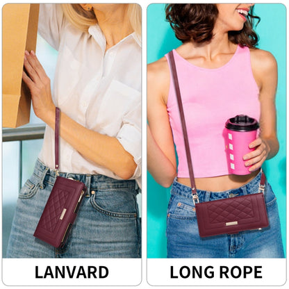 For iPhone 14 Pro Max Crossbody Zipper Wallet Rhombus Leather Phone Case(Wine Red) - iPhone 14 Pro Max Cases by buy2fix | Online Shopping UK | buy2fix