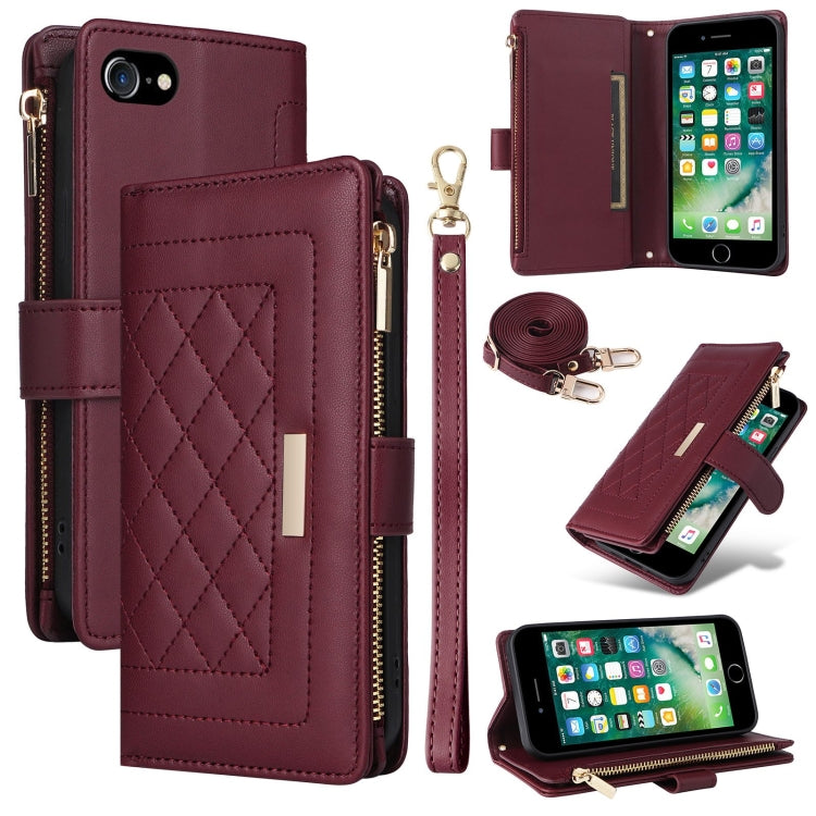 For iPhone 7 / 8 / SE 2022 Crossbody Zipper Wallet Rhombus Leather Phone Case(Wine Red) - iPhone SE 2022 / 2020 / 8 / 7 Cases by buy2fix | Online Shopping UK | buy2fix