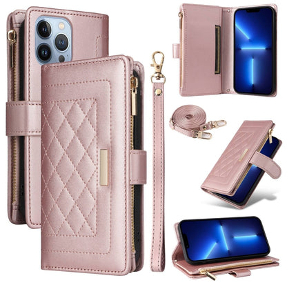 For iPhone 13 Pro Max Crossbody Zipper Wallet Rhombus Leather Phone Case(Rose Gold) - iPhone 13 Pro Max Cases by buy2fix | Online Shopping UK | buy2fix
