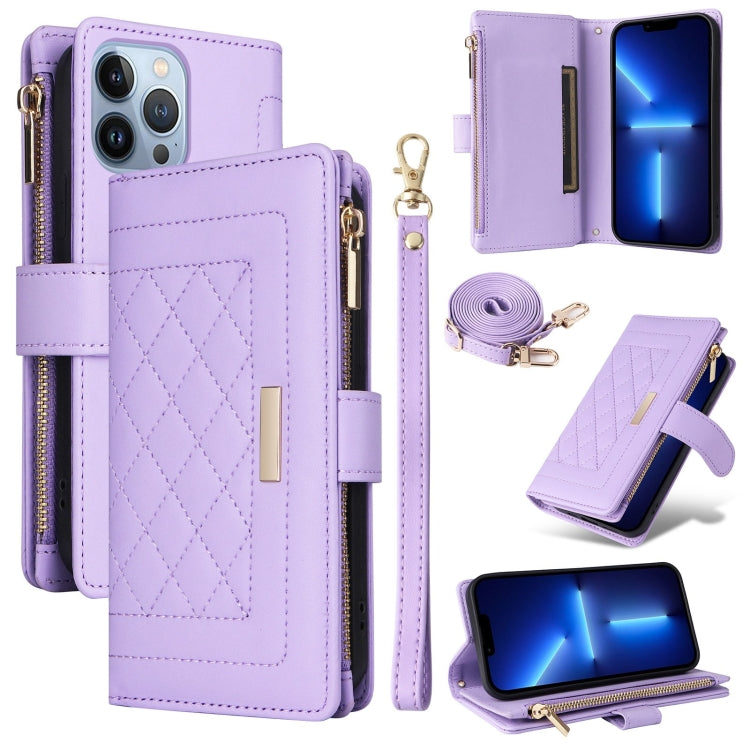 For iPhone 13 Pro Max Crossbody Zipper Wallet Rhombus Leather Phone Case(Purple) - iPhone 13 Pro Max Cases by buy2fix | Online Shopping UK | buy2fix