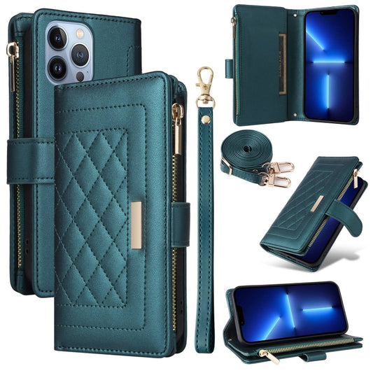 For iPhone 13 Pro Max Crossbody Zipper Wallet Rhombus Leather Phone Case(Green) - iPhone 13 Pro Max Cases by buy2fix | Online Shopping UK | buy2fix