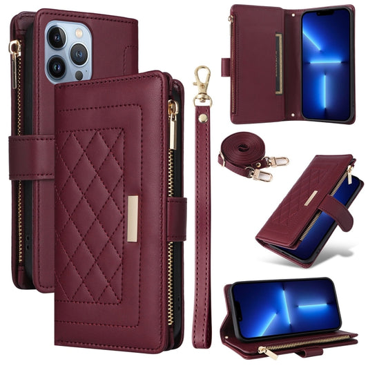 For iPhone 13 Pro Max Crossbody Zipper Wallet Rhombus Leather Phone Case(Wine Red) - iPhone 13 Pro Max Cases by buy2fix | Online Shopping UK | buy2fix