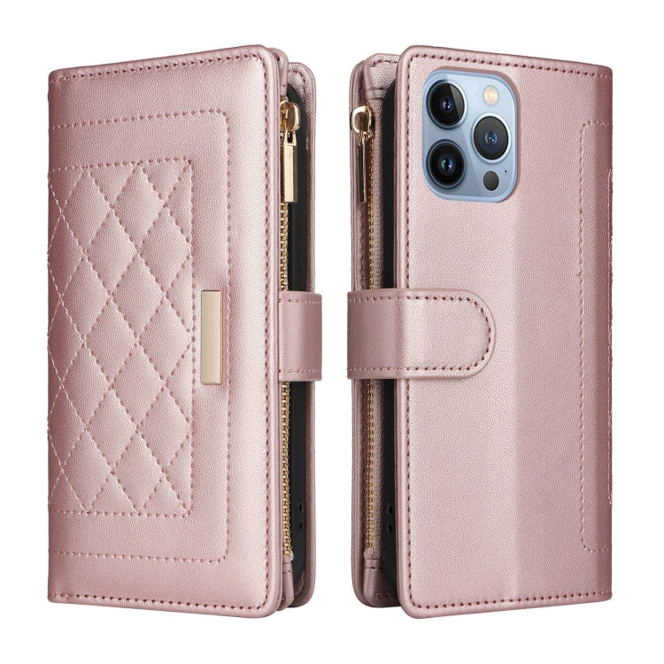 For iPhone 13 Pro Crossbody Zipper Wallet Rhombus Leather Phone Case(Rose Gold) - iPhone 13 Pro Cases by buy2fix | Online Shopping UK | buy2fix