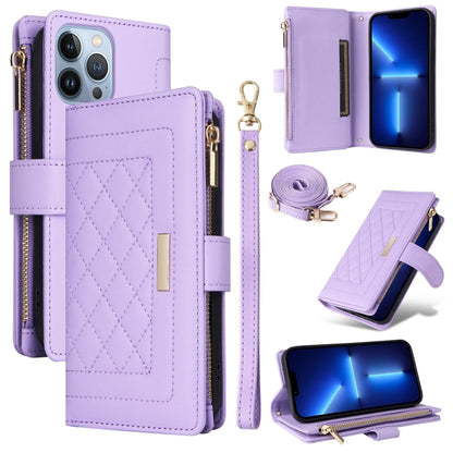For iPhone 13 Pro Crossbody Zipper Wallet Rhombus Leather Phone Case(Purple) - iPhone 13 Pro Cases by buy2fix | Online Shopping UK | buy2fix