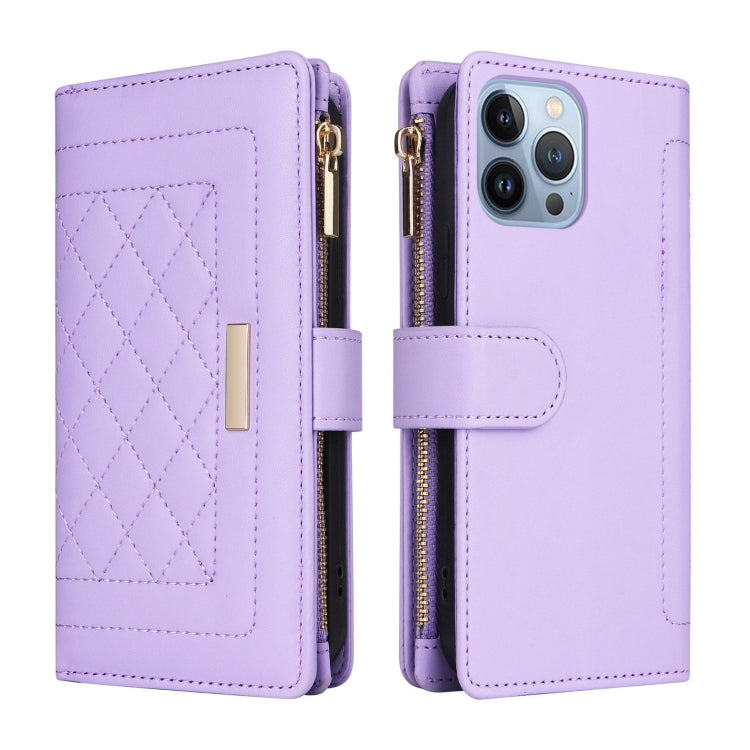 For iPhone 13 Pro Crossbody Zipper Wallet Rhombus Leather Phone Case(Purple) - iPhone 13 Pro Cases by buy2fix | Online Shopping UK | buy2fix
