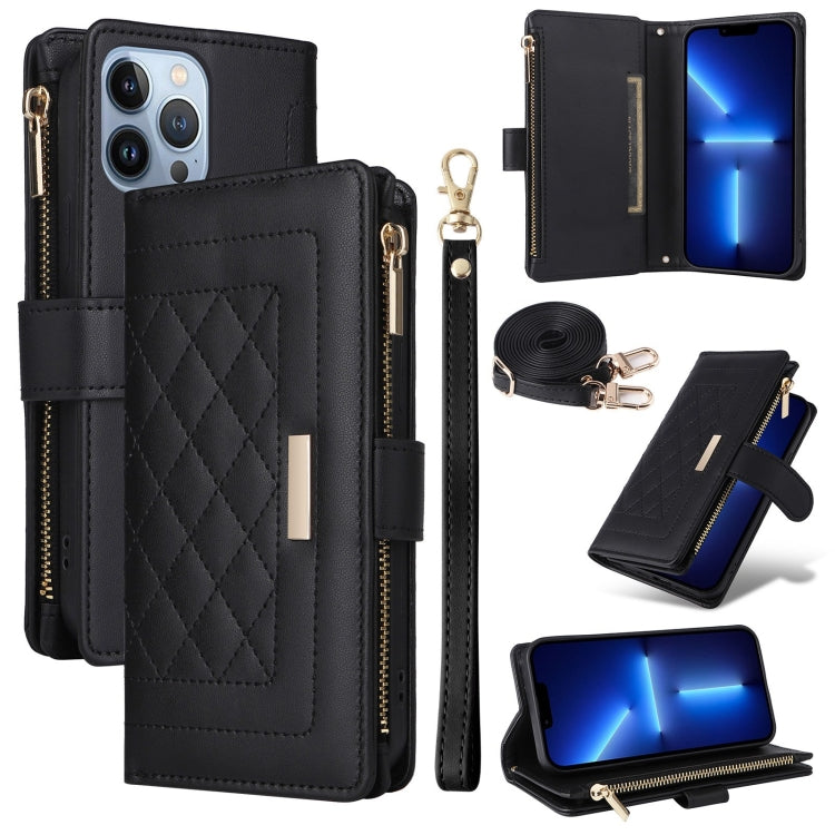 For iPhone 13 Pro Crossbody Zipper Wallet Rhombus Leather Phone Case(Black) - iPhone 13 Pro Cases by buy2fix | Online Shopping UK | buy2fix